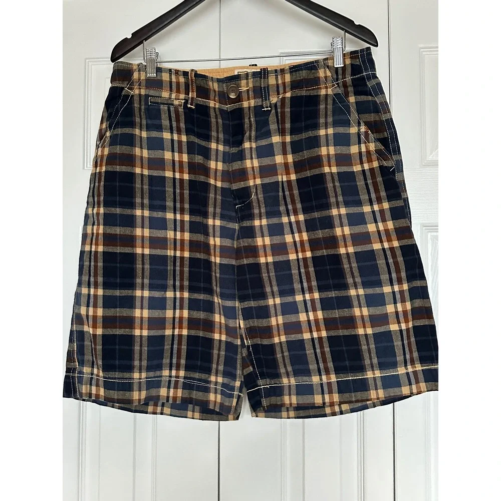 Vintage Plaid Mens Navy Blue Tan Brown Check Cotton Shorts Size 36 Heavy Washed